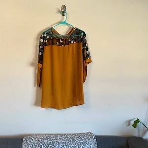 Floral Black Lace & Mustard Yellow Top with Bow Details on Sleeve